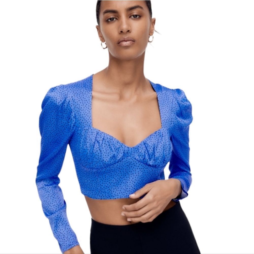 ZARA blue dotted long sleeve sweetheart‎ neckline satin crop top M